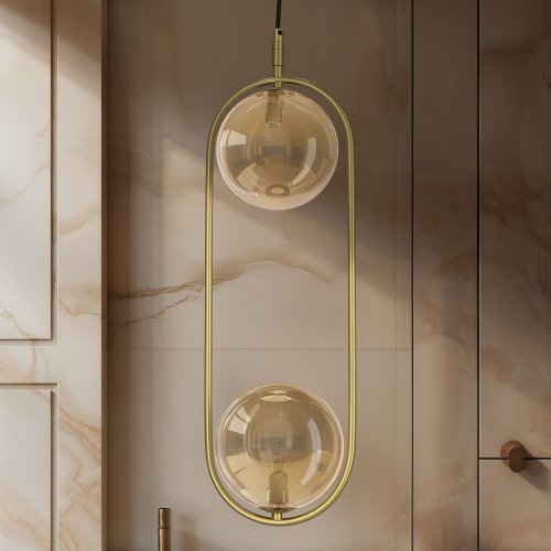 Závesná lampa CORDEL vintage - zlatá mosadz s jantárovými guľôčkovými tienidlami - elegantné osvetlenie obývačky 2x G9 LED