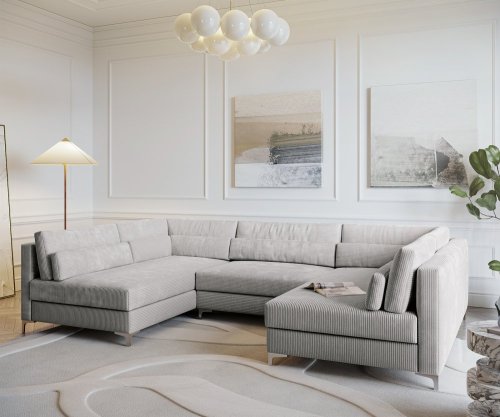 Pohovka ve tvaru "U" Elio 300x185 cm manšestr stříbrnošedá s taburetem