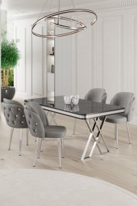 Dining Table & Chairs Set (5 Pieces) Rigel - Black Marble, Chrome, Grey