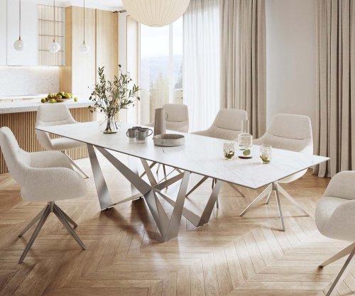 Jídelní stůl Edge 300x100cm Laminam® keramika bílá podnož plochá ocel