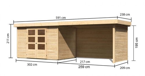 Dřevěný zahradní domek ASKOLA 4 s přístavkem 280 Dekorhome - BAREVNÁ VARIANTA: Přírodní dřevo