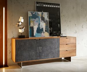 Komoda Teele 175 cm přírodní akácie a břidlice 2 dvířka 3 zásuvky