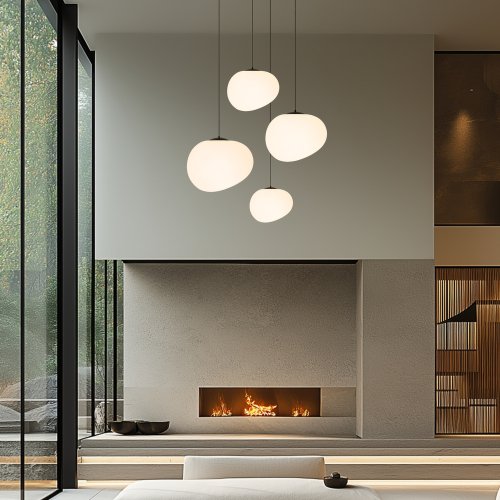 Závesná lampa STONES 25 cm v japonskom štýle - s tienidlom inšpirovaným bielym kameňom - minimalistické stropné osvetlenie do obývačky E27
