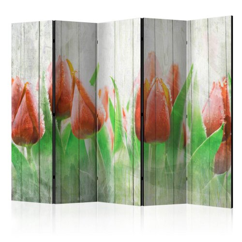 Paraván Red tulips on wood Dekorhome - ROZMER: 135x172 cm (3-dielny)