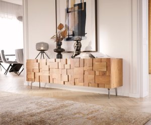 TV stolík Puzzle 175 cm prírodná akácia šikmá podstava nerezová oceľ