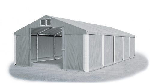Skladový stan 5x10x2,5m střecha PVC 560g/m2 boky PVC 500g/m2 konstrukce ZIMA PLUS - Barva střešní plachty: Šedá, Barva boční plachty: Šedá, Barva svislých pruhů: Bílá