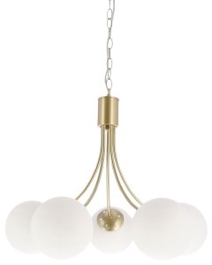 Mosadzná závesná lampa Dani 5x40W E14, biele tienidlo, elegantné stropné svietidlo do obývačky, klasický aj moderný štýl, päť svetelných bodov