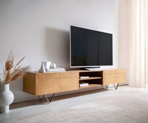 TV stolek Kayu 240 cm přírodní akácie 4 dvířka podnož ve tvaru "V"