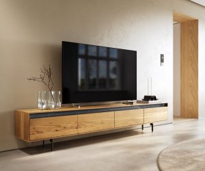 TV stolík Stonegrace 240 cm prírodný dub 4 dvierka podstavec oválny
