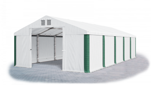Skladový stan 5x10x2,5m strecha PVC 560g/m2 boky PVC 500g/m2 konštrukcie ZIMA PLUS - Barva střešní plachty: Bílá, Barva boční plachty: Bílá, Barva svislých pruhů: Zelená