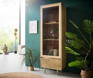 Vitrína Budaya mango prírodná 60x180 cm 2 dvierka okrúhla základňa