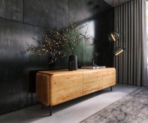 TV stolík Shavani 175 cm akácia prírodná 2 dvierka 2 zásuvky okrúhla