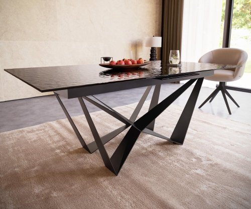 Jídelní stůl Edge 180-220x100 sklo s reliéfem kouřově černé 3D design