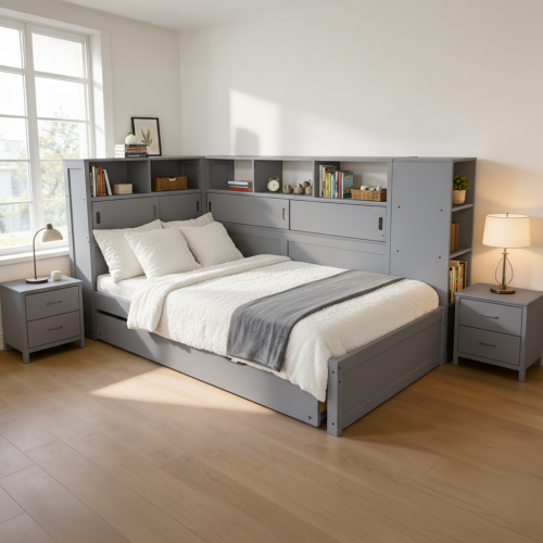 Posteľ s regálmi a prístelkou LENDON