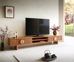 TV stolek Surimu 240 cm akácie světle hnědá 4 dvířka 2 přihrádky