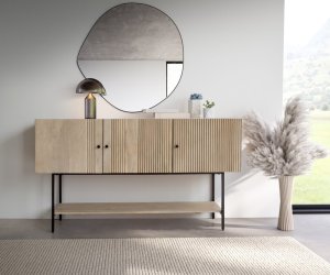 Komoda Nencia 165 cm mango bílé světlé 3 dvířka černý kov