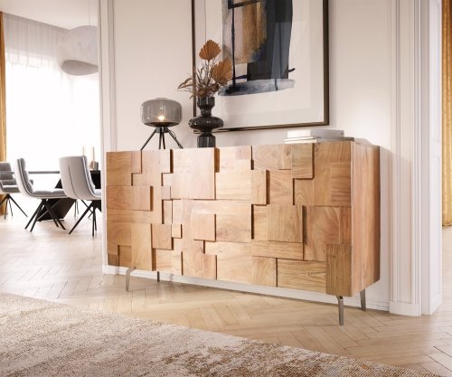 Komoda Puzzle 145 cm přírodní akácie šikmá podnož nerezová ocel