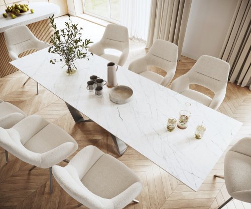Jídelní stůl Edge 300x100cm Laminam® keramika bílá podnož plochá ocel
