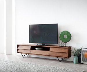 TV stolek Eloi 200x35 cm akácie hnědá 2 dvířka 1 zásuvka podnož ve