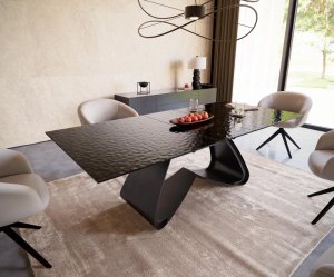 Jedálenský stôl Edge 180-220x100 reliéfne sklo dymovo čierna 3D dizajn