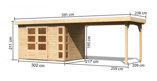 Dřevěný zahradní domek KERKO 4 s přístavkem 280 Dekorhome - BAREVNÁ VARIANTA: Přírodní dřevo