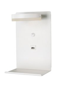 Bílá LED nástěnná lampa s odkládací plochou na telefon, USB nabíječka, kompaktní