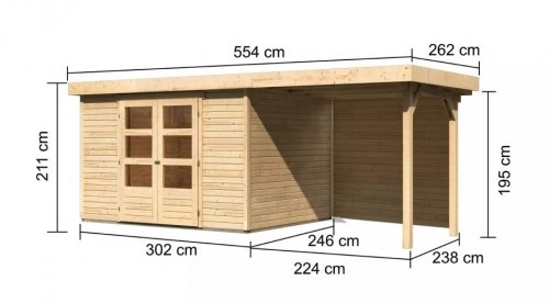 Dřevěný zahradní domek ASKOLA 5 s přístavkem 240 Dekorhome - BAREVNÁ VARIANTA: Přírodní dřevo
