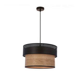 Závesná lampa Fornero Chrome 1X60W E27 Čierna s dreveným tienidlom