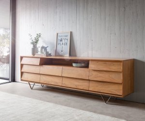 Komoda Eloi 240x40 cm přírodní akácie 2 dvířka 6 zásuvek podnož ve
