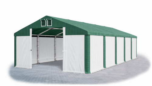 Skladový stan 5x10x2,5m strecha PVC 560g/m2 boky PVC 500g/m2 konštrukcie ZIMA PLUS - Barva střešní plachty: Zelená, Barva boční plachty: Bílá, Barva svislých pruhů: Zelená