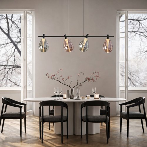 Lampa wisząca Denso szklana czarna nad stół potrójna z kloszami dymionymi i miedzianymi