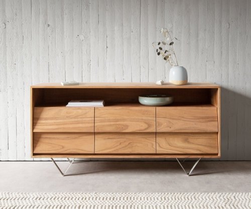 Komoda Eloi 145x40 cm přírodní akácie 6 zásuvek podnož ve tvaru "V"