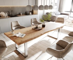 Jedálenský stôl Edge 280x100 cm XL akácia prírodná nerezová oceľ úzky