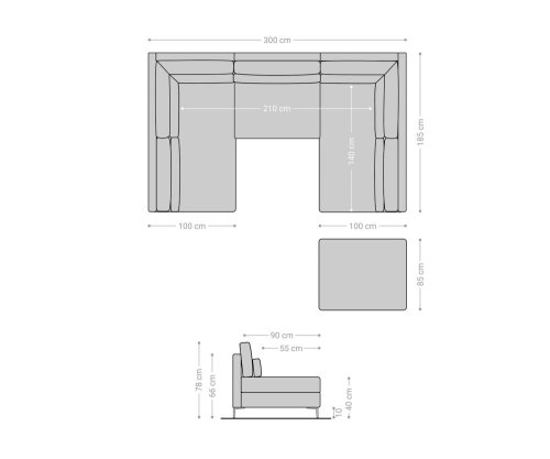 Pohovka ve tvaru "U" Elio 300x185 cm manšestr stříbrnošedá s taburetem