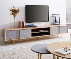 TV stolík Metropolitan 240 cm mango prírodný 4 dvierka betón mosadz
