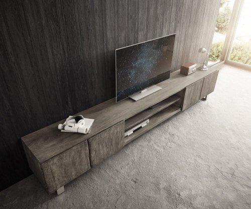 TV stolek Live Edge 300 cm akácie platina 4 dvířka 2 přihrádky