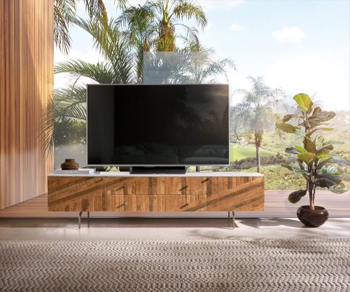 TV stolek Bahan 175 cm mango teak 2 dvířka 2 zásuvky mramor bílá