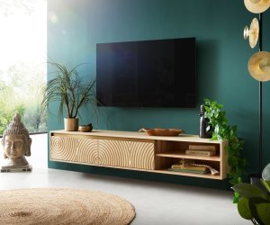 TV stolek Budaya mango přírodní 175 cm 2 dvířka 2 přihrádky závěsné