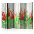 Paraván - Red tulips on wood [Room Dividers]