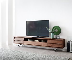 TV stolek Eloi 240x35 cm akácie hnědá 2 dvířka 2 zásuvky podnož ve