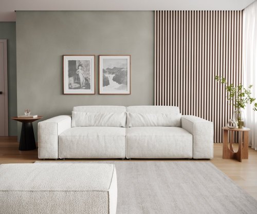 Veľká pohovka Sirpio 230x95 cm bouclé bielo-krémová s taburetom