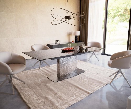 Jídelní stůl Edge 180-220x100 kouřově černé reliéfní sklo 3D design