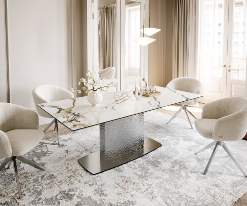 Jedálenský stôl Edge zaoblený 200x100 keramika Calacatta Luxe bielo