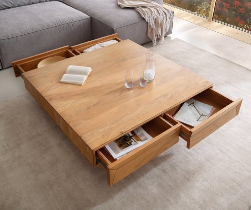 Konferenční stolek Kayu 115x115x40 cm přírodní akácie 4 zásuvky podnož