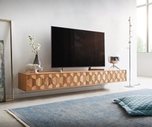 TV stolek Fevo 220 cm akácie přírodní 4 dvířka závěsné