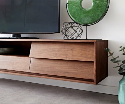 TV stolek Eloi 200x35 cm akácie hnědá 2 dvířka 1 zásuvka závěsné
