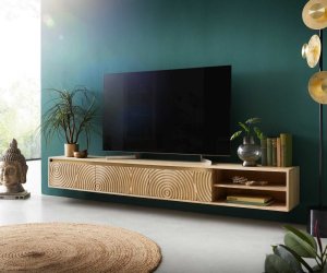 TV stolek Budaya mango přírodní 220 cm 3 dvířka 2 přihrádky závěsné