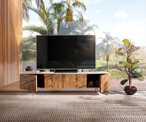 TV stolek Bahan 175 cm mango teak 2 dvířka 2 zásuvky mramor bílá