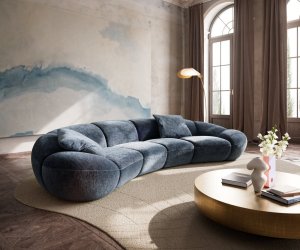 Velká pohovka Lunna 360x175 cm žinylka modrá 2 polštáře