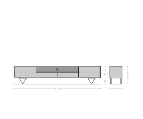TV stolek Eloi 240x35 cm akácie hnědá 2 dvířka 2 zásuvky podnož ve